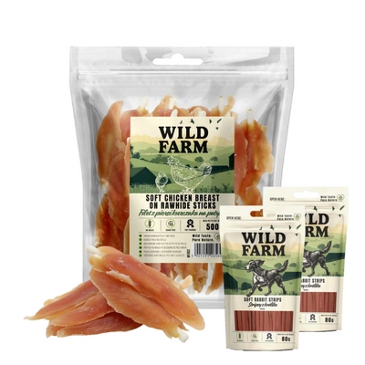 WILD FARM Hähnchenbrustfilet auf Spieß 500g Leckerli für Hunde & WILD FARM Kaninchenstreifen 2x80g Hundeleckerli