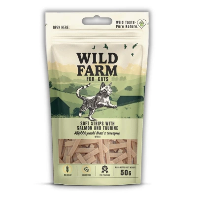 Mäkké lososové prúžky WILD FARM s taurínom 50g maškrta pre mačky