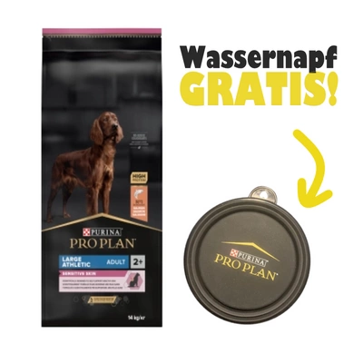 PRO PLAN Sensitive Skin Large Athletic Adult Hundefutter reich an Lachs 14kg + Wassernapf GRATIS!
