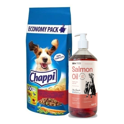Chappi Hundetrockenfutter mit Rindfleisch, Geflügel und Gemüse 13,5kg + Lab-V Lachsöl 100% 1000 ml