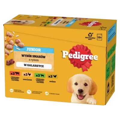 Pedigree Welpennassfutter Gemischte Geschmacksrichtungen Huhn & Reis, Lamm & Reis, Geflügel & Reis und Rind & Reis Gelee 12x100g