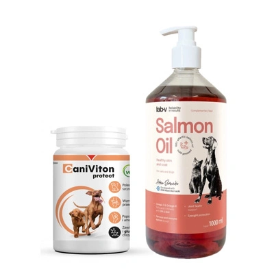 Vetoquinol Caniviton Protect 90Stück +  Lab-V Lachsöl 100% für Hunde und Katzen 1000 ml