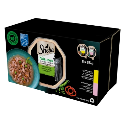 SHEBA Nature's Collection Selection of Flavours 8x85 g - Nasses Alleinfuttermittel für ausgewachsene Katzen, in Sauce (Stücke mit: Huhn garniert mit rotem Paprika, Lachs garniert mit Erbsen)
