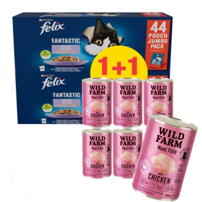 WILD FARM Hühnerpastete 6 x 400 g + Felix in Gelee Fleischmischung Beutel 44 x 85 g 1 + 1 GRATIS