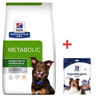 Hill's verschreibungspflichtige Diät Metabolic Canine 12kg + HILLS Hypoallergene Hundeleckerli 220g FREE