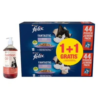 Felix in Gelee FLEISCHMISCHUNG Beutel 44 x 85 g 1 + 1 GRATIS & LAB V Lachsöl für Hunde und Katzen 1000 ml