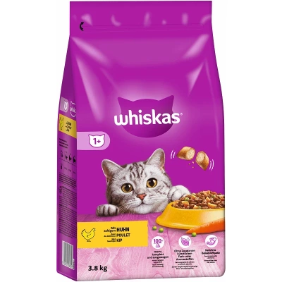 WHISKAS Adult 3,8 kg – Trockenfutter für ausgewachsene Katzen, mit leckerem Huhn