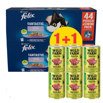 WILD FARM Premium getreidefreies Rind- und Entenfleisch 6 x 400 g + Felix in Gelee FLEISCHMISCHUNG Beutel 44 x 85 g 1 + 1 GRATIS