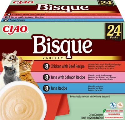 INABA Cat Ciao Bisque – Ergänzungsfuttermittel für Katzen, cremige Suppe mit Huhn, Rind, Thunfisch und Lachs, 24 x 40 g