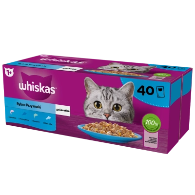 WHISKAS Adult Sachets 40 x 85 g Fishy Treats - Nassfutter für ausgewachsene Katzen in Gelee (Stücke mit: Lachs, Thunfisch, Kabeljau, Weißfisch)