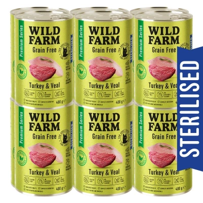 WILD FARM Premium Grain Free Truthahn und Kalbfleisch 12x400g - getreidefreies Futter für sterilisierte Katzen