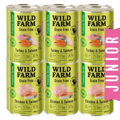 WILD FARM Premium Grain Free Morčacie a lososové / Kuracie a lososové Junior 12x400g - krmivo bez obilnín pre mačiatka