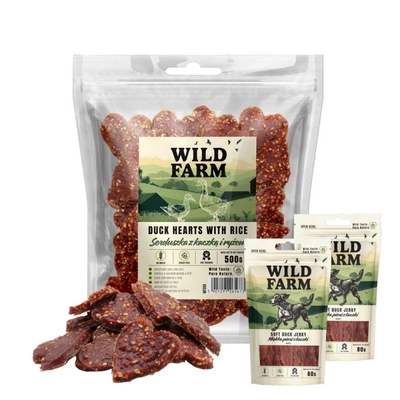 WILD FARM Enten- und Reisherzen 500 g Hundeleckerli & WILD FARM Kaninchenstreifen 2x80g Hundeleckerli
