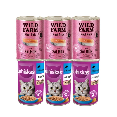 WHISKAS Katzennassfutter 1+ mit Thunfisch in Gelee 3x400g & WILD FARM Pastete mit Lachs 3x400g - glutenfreies Katzenfutter