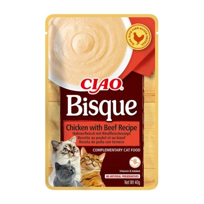 INABA Cat Ciao Bisque – Ergänzungsfuttermittel für Katzen mit Hühner- und Rindfleischgeschmack, 40 g