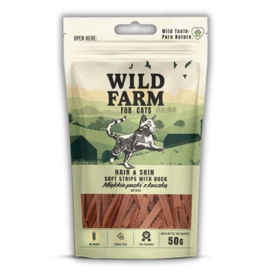 WILD FARM mäkké kačacie prúžky s hair&skin 50g maškrta pre mačky