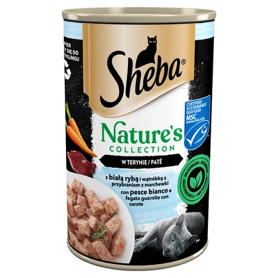 SHEBA Dose 400 g Nature's Collection - Nass-Alleinfuttermittel für ausgewachsene Katzen, mit Weißfisch und Leber mit Karottenbeilage, in Terrine