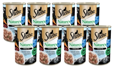 SHEBA Dose 12x400 g Nature's Collection - Nass-Alleinfuttermittel für ausgewachsene Katzen, mit Weißfisch und Leber mit Karottenbeilage, in Terrine