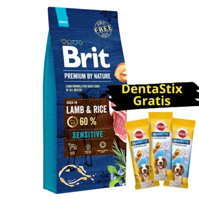 Brit Premium By Nature Sensitive mit Lamm & Reis 15kg + 3x DentaStix GRATIS!