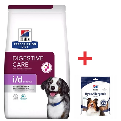 Hill's PD Prescription Diet Canine i/d Sensitive 12kg + HILLS Hypoallergene Hundeleckerli 220g FREE