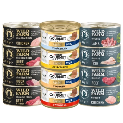 Purina Gourmet Gold Mousse + WILD FARM Geschmacksmischung 8x85g + 4x70g