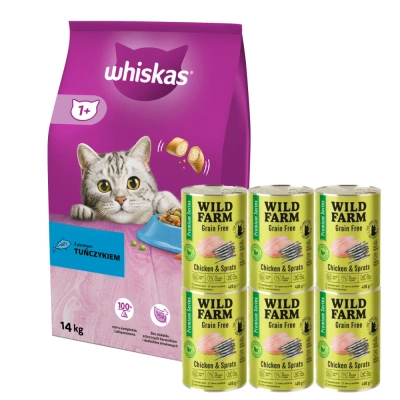 WHISKAS Adult 14kg - Katzentrockenfutter mit Thunfisch und Gemüse + WILD FARM Premium Grain Free Huhn und Sprotten 6x400g