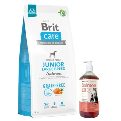 BRIT CARE Dog Getreidefrei Junior Große Rassen Lachs 12kg & Lab-v Lachsöl 1000 ml