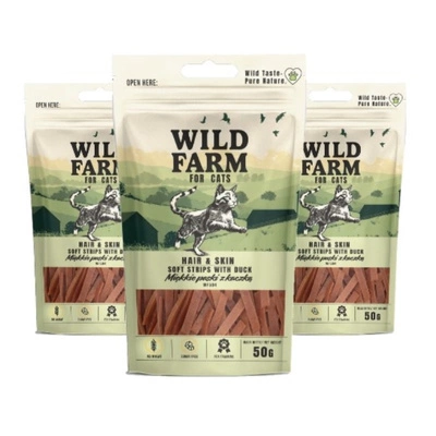 WILD FARM mäkké kačacie prúžky s hair&skin 3x50g maškrta pre mačky