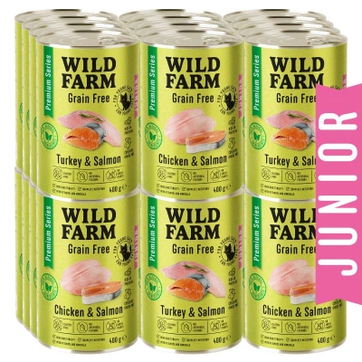 WILD FARM Premium Grain Free Morčacie a lososové / Kuracie a lososové Junior 24x400g - krmivo bez obilnín pre mačiatka