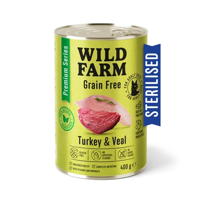 WILD FARM Premium Grain Free Truthahn und Kalbfleisch 400g - getreidefreies Futter für sterilisierte Katzen