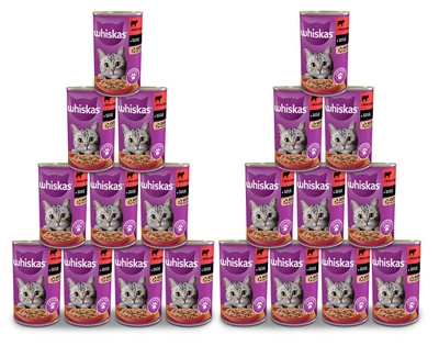 WHISKAS Katzennassfutter 1+ mit Rindfleisch in Soße 24x400g