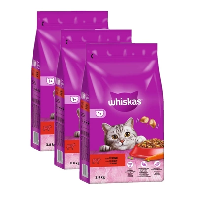 WHISKAS Adult 3x3,8 kg – Alleinfuttermittel für ausgewachsene Katzen, mit leckerem Rindfleisch
