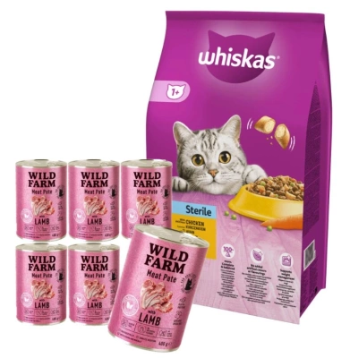 WHISKAS Sterile 14kg - Trockenfutter für sterilisierte Katzen mit Huhn & WILD FARM Pastete mit Huhn 6x400g - glutenfreies Katzenfutter