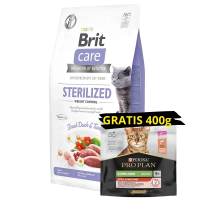 Brit Care Cat Grain-Free Sterilised Weight Control mit Ente und Pute 7kg + + PRO PLAN Katzenfutter für Erwachsene 400g FREE!