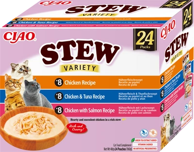 INABA Cat Ciao Stew – Ergänzungsfuttermittel für Katzen mit Hühnchen-, Thunfisch- und Lachsgeschmack, 24 x 40 g