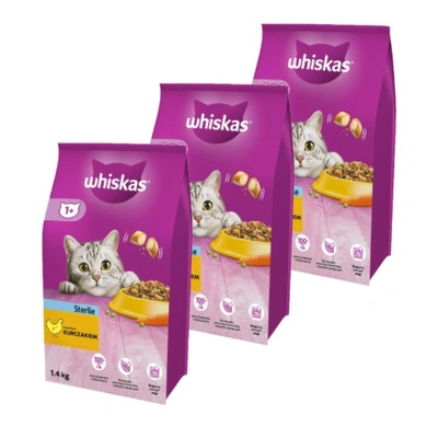 WHISKAS Sterile 3x3,8 kg – Trockenfutter für ausgewachsene Katzen nach der Kastration, mit leckerem Huhn