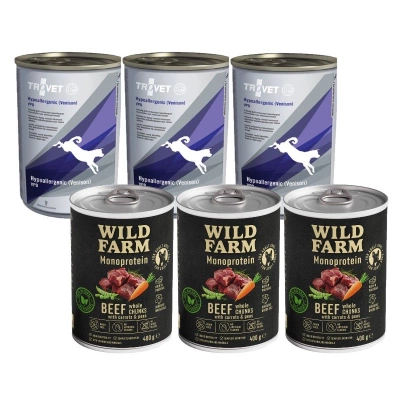 TROVET VPD Hypoallergenes Wildfleisch für Hunde Dose 3x400g & WILD FARM Monoprotein Rind 3x400g hypoallergenes Hundefutter