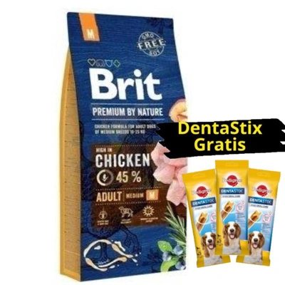 Brit Premium By Nature Adult M mit Huhn 15kg + 3x DentaStix GRATIS!