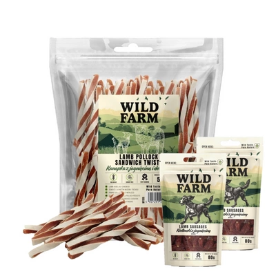 WILD FARM Lamm- und Kabeljau-Sandwich 500 g Hundeleckerli & WILD FARM Kaninchenstreifen 2x80g Hundeleckerli