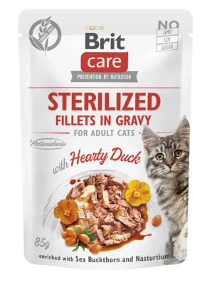 BRIT CARE Sterilisierte Katzenfilets in Soße mit herzhafter Ente, angereichert mit Sanddorn und Kapuzinerkresse 85g