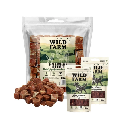 WILD FARM Lamm- und Kabeljauwürfel soft 500g Hundeleckerli & WILD FARM Kaninchenstreifen 2x80g Hundeleckerli