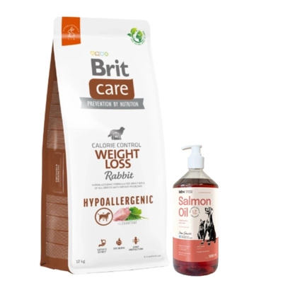 BRIT CARE Dog Hypoallergenic  Weight Loss Rabbit 12kg & Lab-v Lachsöl 1000 ml