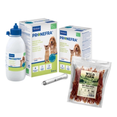 Virbac Pronefra 180 ml & WILD FARM Weiche Entenstreifen 500 g Hundeleckerli