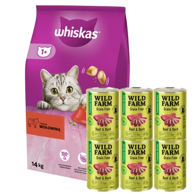 WHISKAS Adult 14kg - Katzentrockenfutter mit Rind und Gemüse + WILD FARM Premium Grain Free Rind und Ente 6x400g