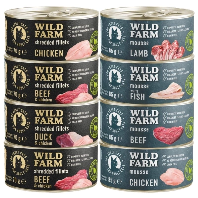 WILD FARM Geschmacksmix 4x85g + 4x70g - getreidefreies Katzenfutter